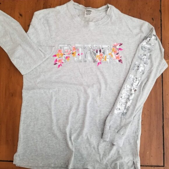Victoria Secret PINK Bling Sequin Gray floral print long sleeve tshirt, Sz Small - Picture 1 of 12